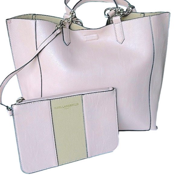 Karl Lagerfeld Handbags - Karl Lagerfeld Vegan Leather REVERSIBLE Light pink/nude Tote w/ Pouchette Pouch